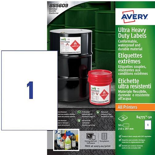 Avery Laser, Inkjet Resistant Labels B4775-50 adhesive A4 White 297 x 210 mm 50 Sheets of 1 Label