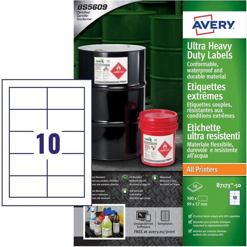Avery Laser, Inkjet Heavy Duty Labels B7173-50 Adhesive A4 White 99 x 38 mm 50 Sheets of 10 Labels