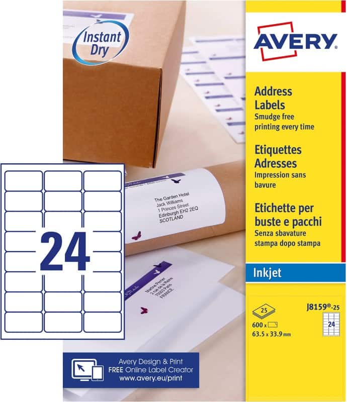Avery Inkjet Address Labels J8159-25 adhesive A4 White 3.39 x 6.35 cm 25 Sheets of 24 Labels