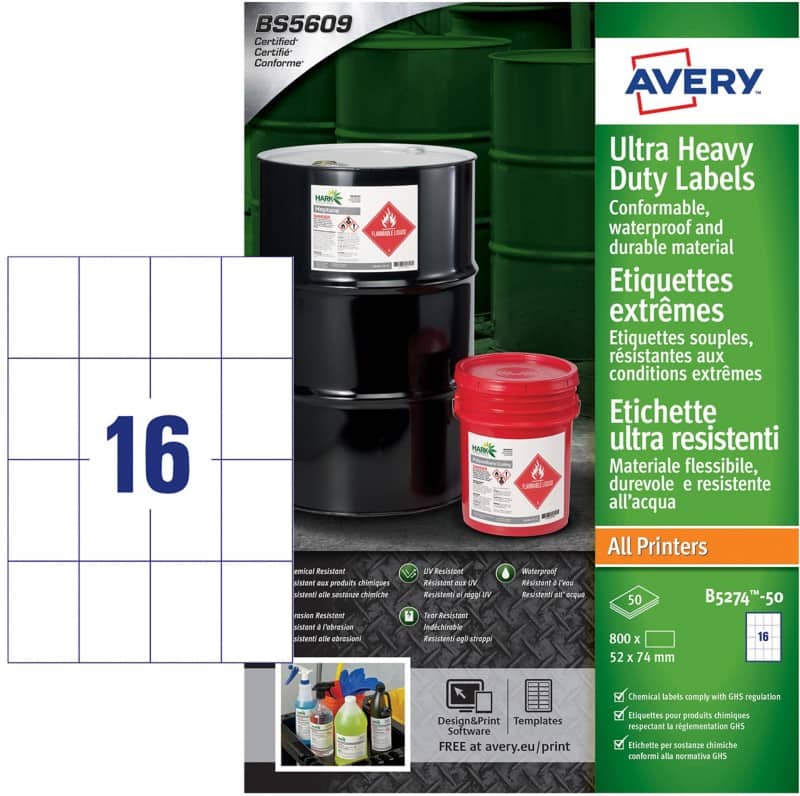Avery Laser, Inkjet Resistant Labels B5274-50 adhesive A4 White 74 x 52 mm 50 Sheets of 16 Labels