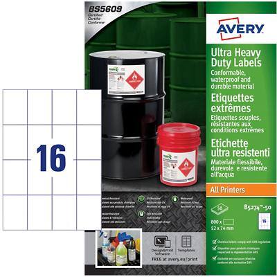 Avery Laser, Inkjet Resistant Labels B5274-50 Yes A4 White 74 x 52 mm 800 Sheets of 16 Labels