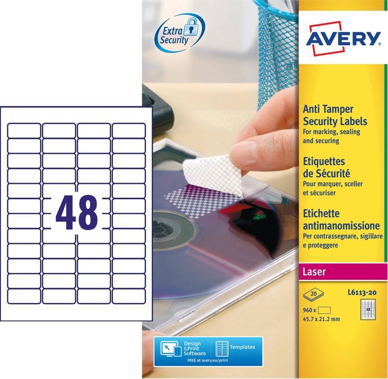 Avery Laser Resistant Labels L6113-20 adhesive A4 White 21.2 x 45.7 mm 20 Sheets of 48 Labels