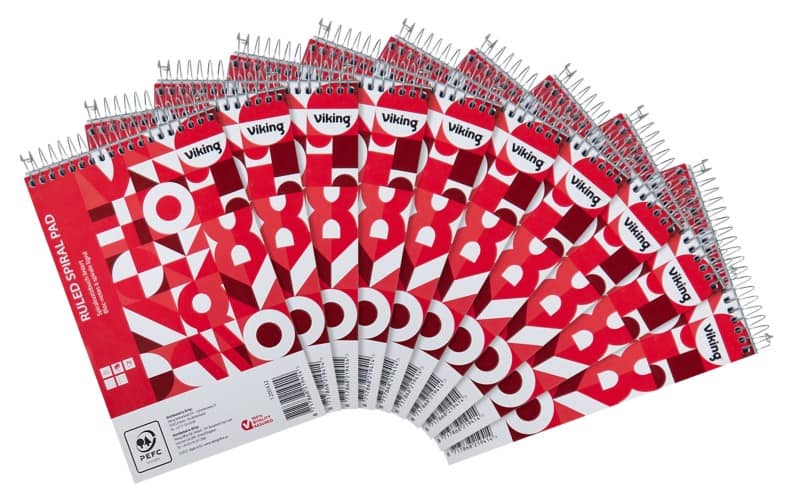 Viking Notepad 125 x 200 mm Ruled Spiral Top Bound Paper Soft Cover Red Perforated 300 Pages Pack of 10