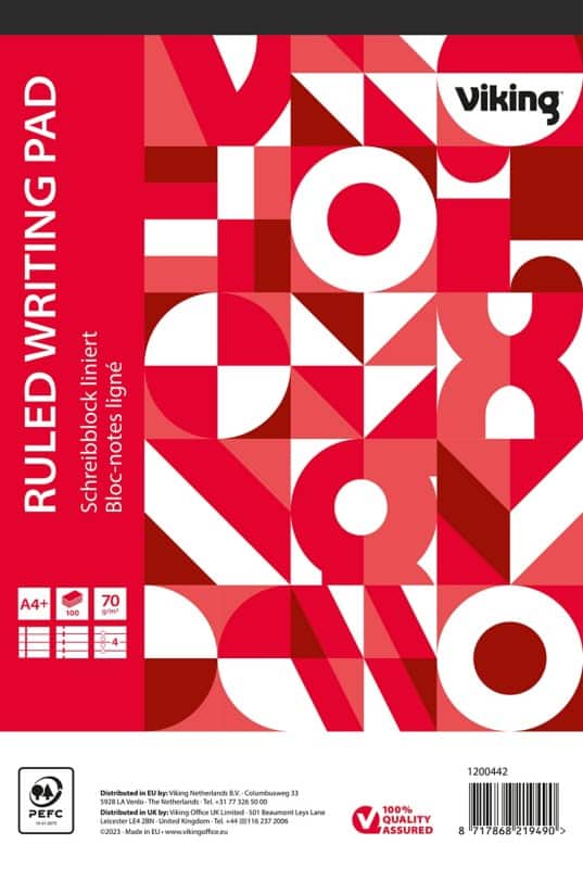 Viking Notepad A4+ Ruled Glued Side Bound Paper Soft Cover Red Perforated 200 Pages Pack of 5