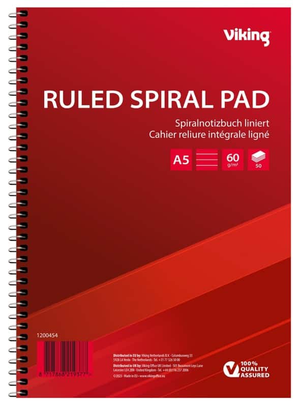 Viking Notebook A5 Ruled Spiral Side Bound Paper Soft Cover Red Perforated 100 Pages Pack of 5