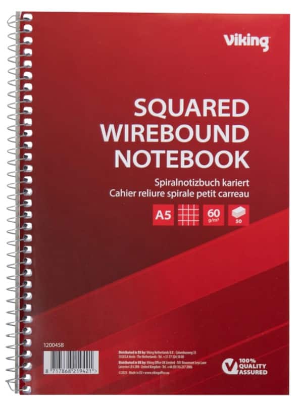 Viking Notebook A5 Squared Wire Side Bound Paper Soft Cover Red Perforated 100 Pages Pack of 5