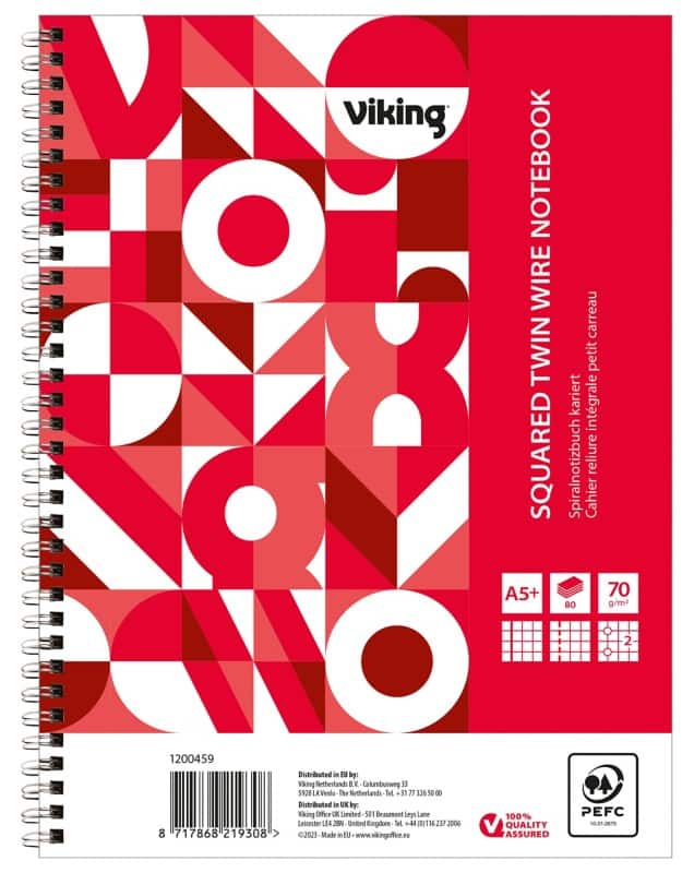 Viking Notebook A5+ Squared Twin Wire Side Bound Paper Soft Cover Red Perforated 160 Pages Pack of 5