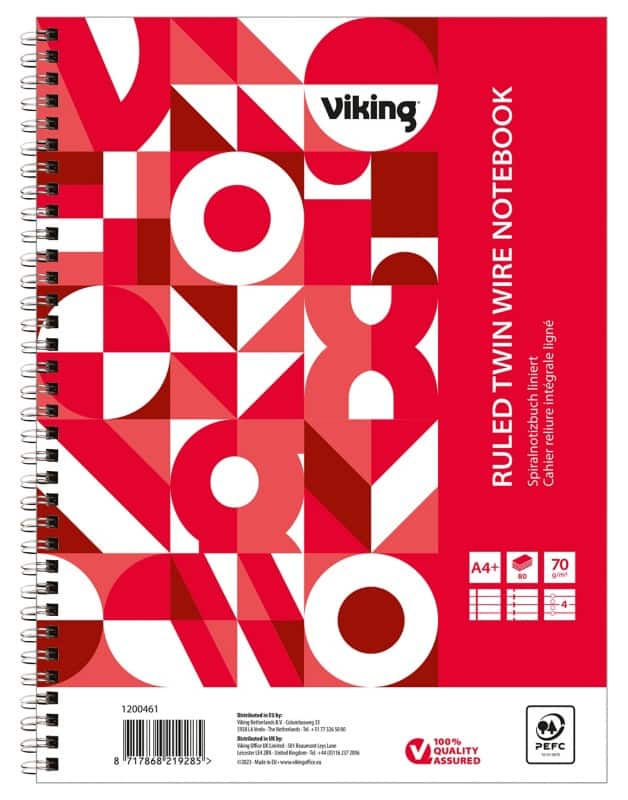 Viking Notebook A4+ Ruled Twin Wire Side Bound Paper Soft Cover Red Perforated 160 Pages Pack of 5