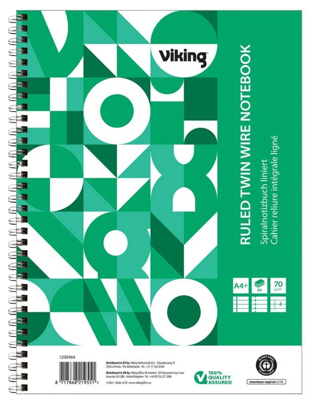 Viking Notebook A4+ Ruled Twin Wire Side Bound Paper Soft Cover Green Perforated 160 Pages