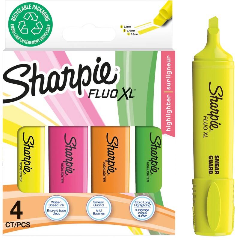 Sharpie FLUO XL Highlighter Assorted Medium Chisel 1.5-2.7 mm Non Refillable Pack of 4
