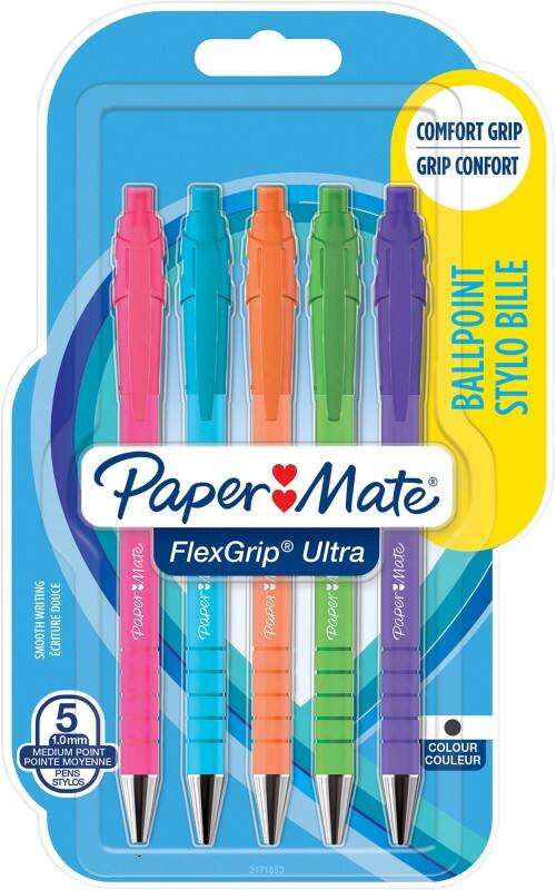 Papermate FlexGrip Ultra Ballpoint Pen Black 0.5 mm Fine Ballpoint Non Refillable Pack of 5
