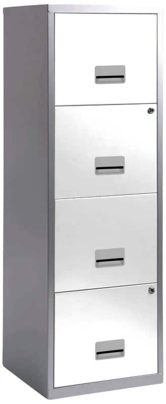 Pierre Henry Maxi Steel Filing Cabinet with 4 Lockable Drawers 400 x 400 x 1,250 mm Silver, White