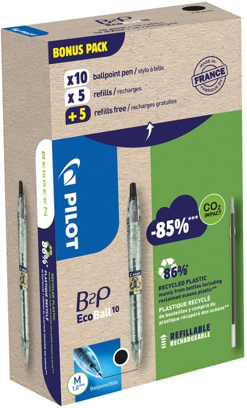 Pilot B2P Ecoball Ballpoint Pen Black Medium 0.4 mm Pack of 10 Pens and 10 Refills