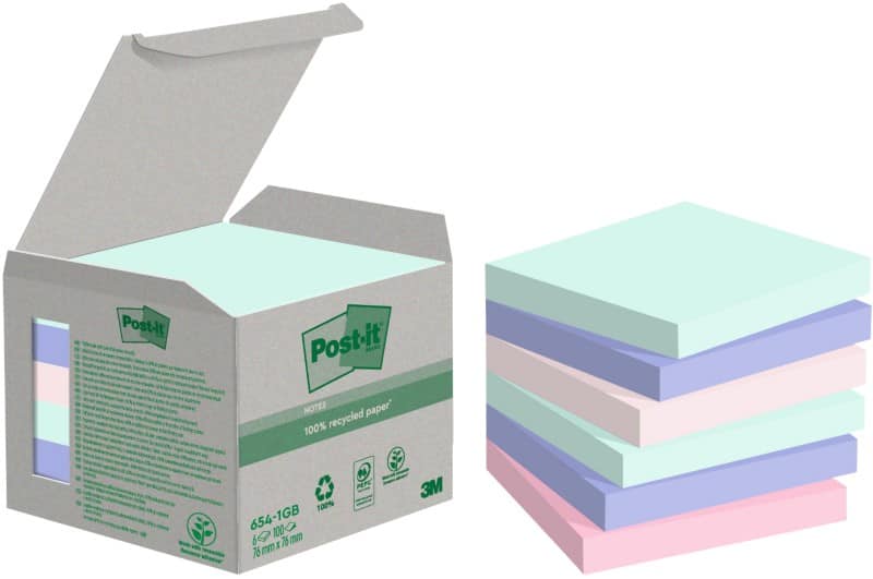 Post-it Recycled Sticky Notes Assorted Pastel 76 x 76 mm 100 Sheets Pack of 6