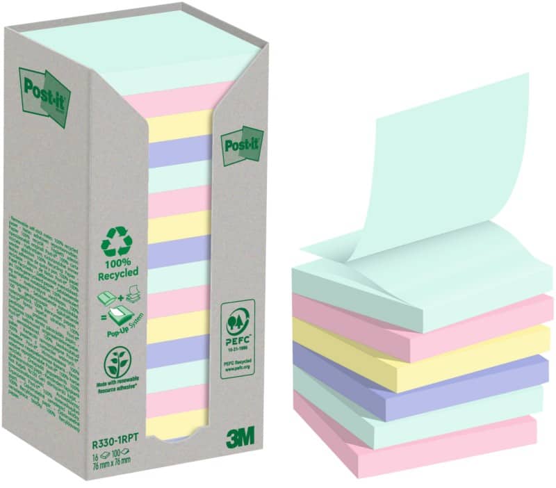 Post-it 100% Recycled Sticky Z-Notes Square 76 x 76 mm Assorted 100 Sheets Pack of 16