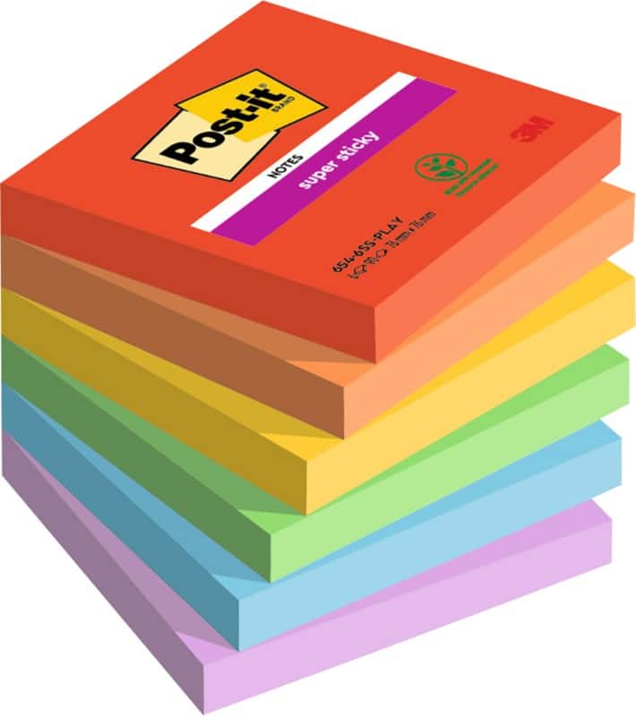 Post-it Super Sticky Notes Playful Colour Collection 76 mm x 76 mm 90 Sheets Pack of 6