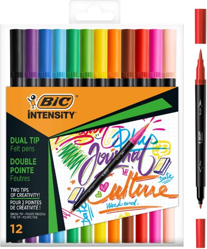 BIC Felt Pen + Fineliner Multicolour Brush tip + 0.5mm tip Pack 12