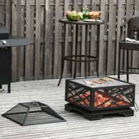 Outsunny Outdoor Square Fire Pit Patio Metal Brazier 842-174 w/ Grill Net Mesh Cover Poker 66cm Black