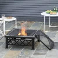 Outsunny Square Garden Fire Pit Square Table 842-170 w/ Grill Shelf Poker Mesh Cover Grate 76cm Black