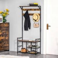 Homcom Storage Bench with Coat Rack with 9 Hooks Brown, Black