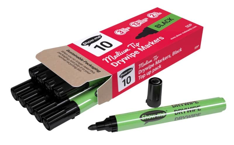 Show-me Drywipe Pen Black Medium Bullet Pack of 10