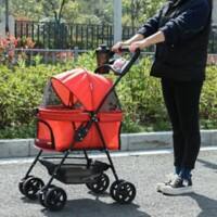 PawHut No-Zip Dog Stroller with Basket and Safety Leash Red