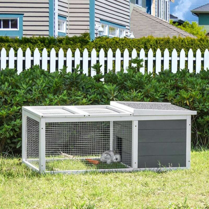PawHut Wooden Rabbit Hutch Small Animal Cage Asphalt Roof 115 x 66 x 47.5 cm