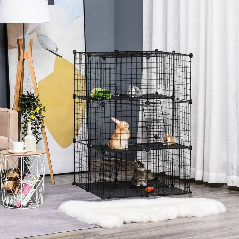 PawHut Pet Playpen DIY Small Animal Cage with 3 Doors and 2 Ramps Mink Black