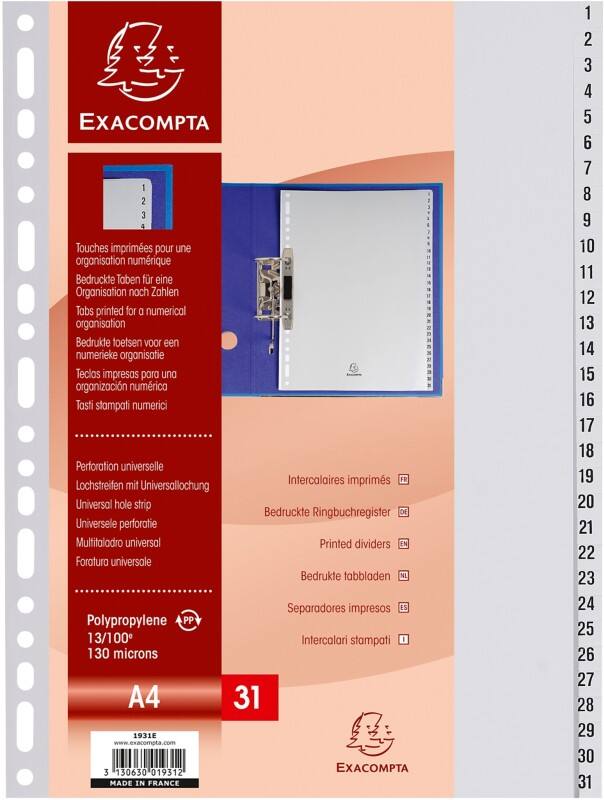 Exacompta Polypropylene Indices 1931E A4 31 Part (1-31) Grey Pack of 20