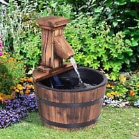Outsunny Fir Wood Barrel Pump Fountain W/ Flower Planter, Φ27x37H cm Brown