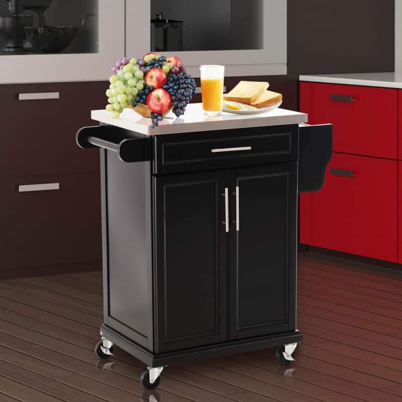 HOMCOM Kitchen Island, MDF, Stainless Steel Top-Black