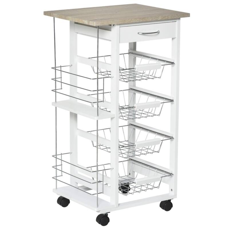 HOMCOM Multi-Use Kitchen Island Trolley w/ 4 Baskets 2 Side Racks Drawer Worktop White 470 x 370 x 830 mm