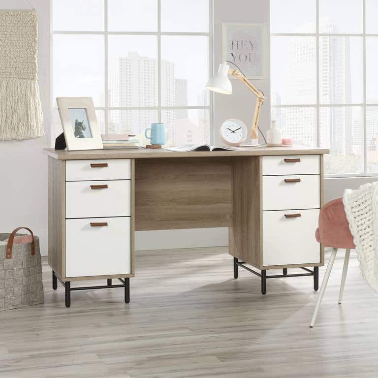 TEKNIK Avon Home Office Desk Oak 4 Metal legs 6 Drawers 1,430 (W) x 562 (D) x 750 (H) mm Laminated Particle Board