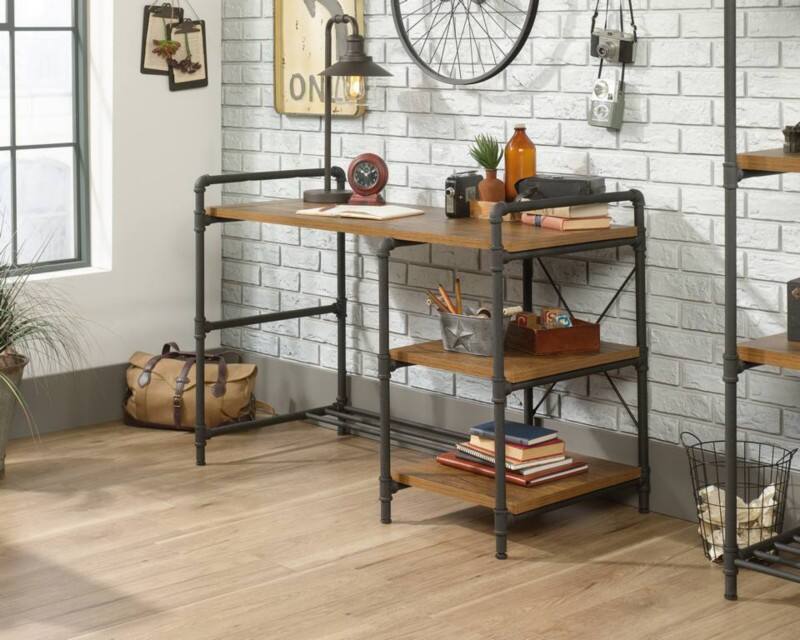 TEKNIK Iron Foundry Home Office Desk Oak 4 Metal legs 1,206 (W) x 590 (D) x 844 (H) mm Laminated Particle Board, Powder Coated Metal