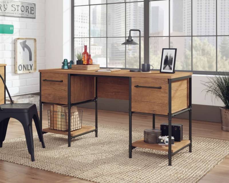 TEKNIK Iron Foundry Home Office Desk Oak Base panel 2 Drawers 1,500 (W) x 508 (D) x 762 (H) mm Laminated Particle Board, Powder Coated Metal