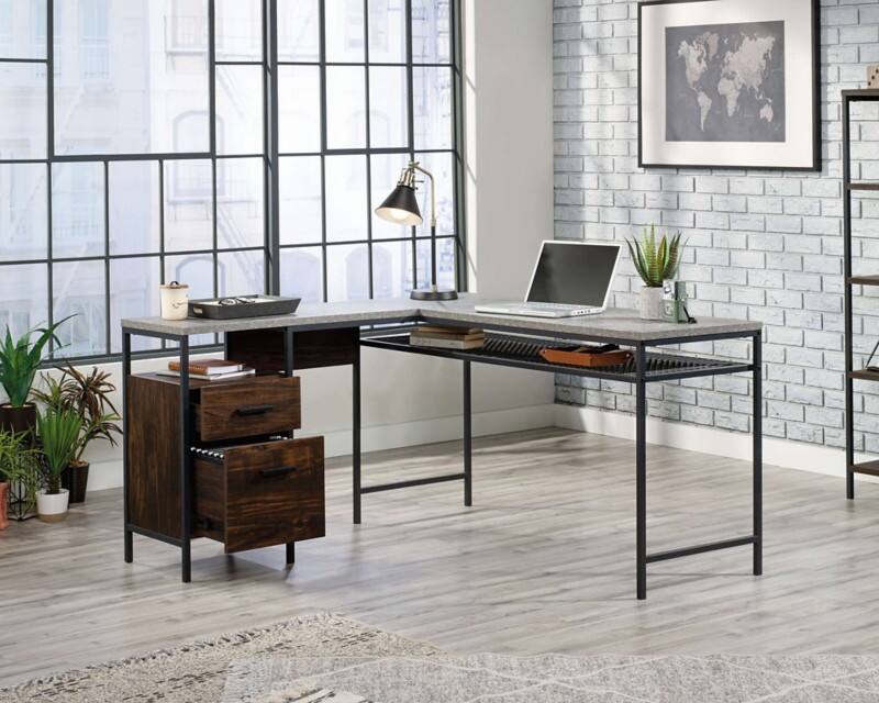 TEKNIK Home Office Desk Walnut 4 Metal legs 2 Drawers 1,464 (W) x 142 (D) x 777 (H) mm Laminated Particle Board