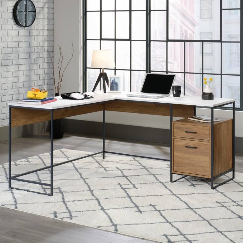 TEKNIK Moderna Home Office Desk L-Shape White Mango Wooden Legs 2 Drawers 1,516 (W) x 510 (D) x 750 (H) mm Laminated Particle Board