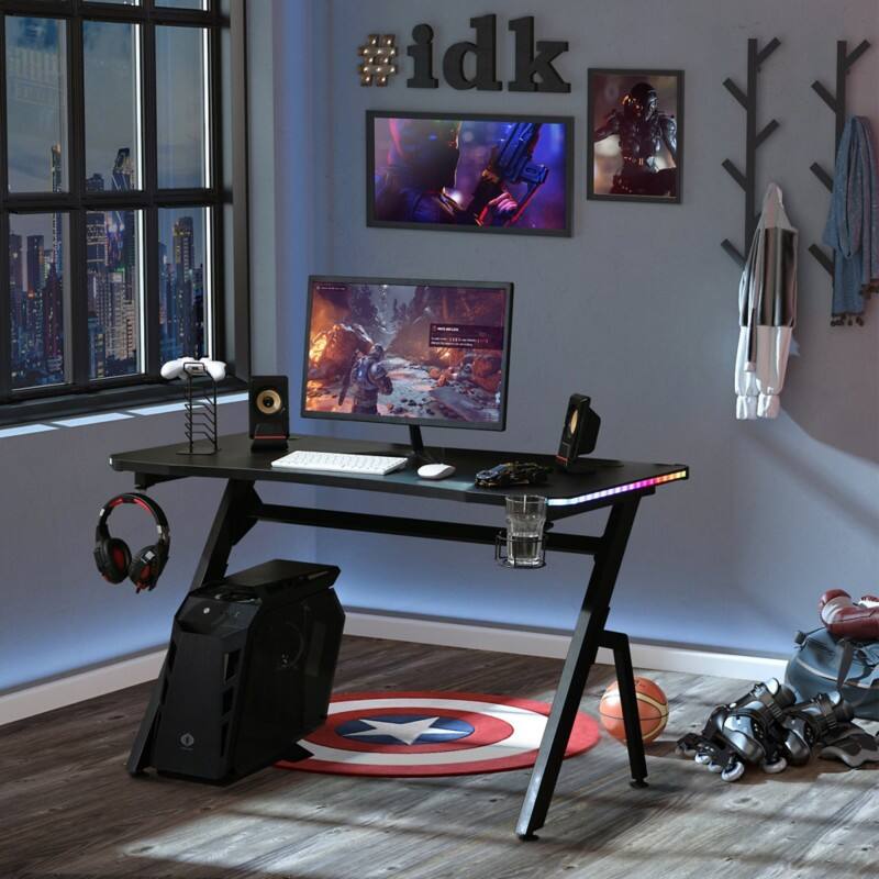 HOMCOM Gaming Desk Black Rubberwood 4 Metal legs 666 (W) x 1,200 (D) x 960 (H) mm E1 Grade Particle Board, Steel