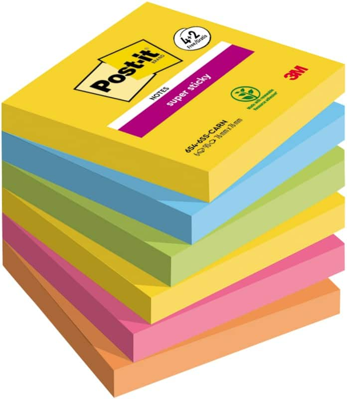 Post-it Super Sticky Notes 76 x 76 mm Carnival Colours 90 Sheets Value Pack 4 + 2 Free