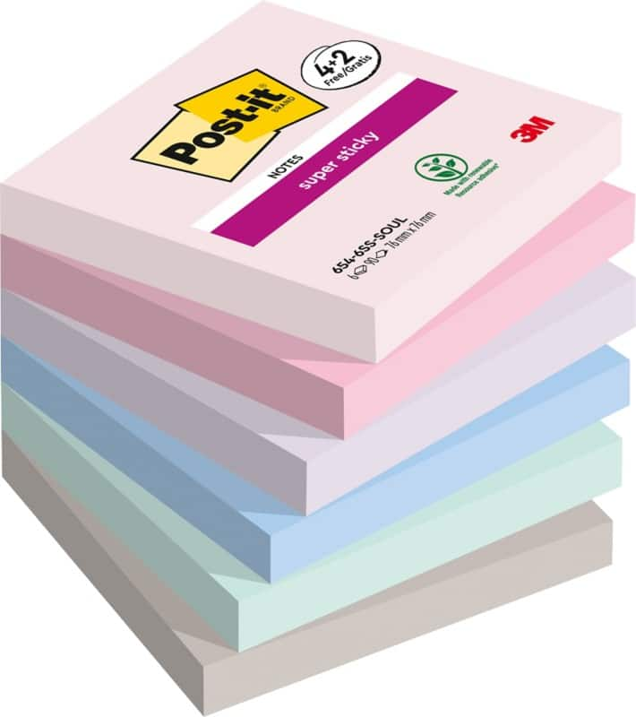 Post-it Soulful Super Sticky Notes Square 76 x 76 mm Plain Assorted 90 Sheets Value Pack 4 + 2 Free