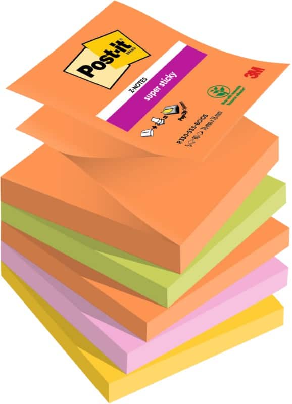 Post-it Boost Colour Collection Super Sticky Z-Notes 76 x 76 mm Assorted 90 Sheets Pack of 5