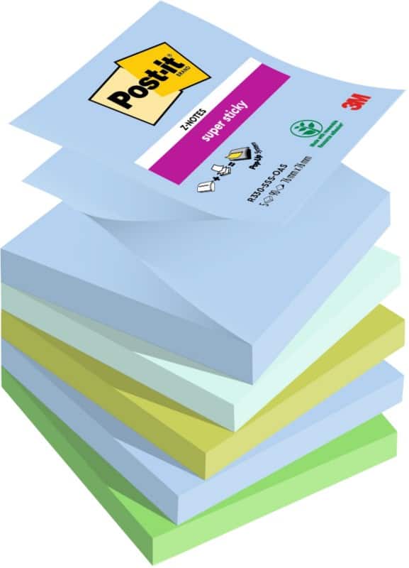 Post-it Oasis Super Sticky Z-Notes Square 76 x 76 mm Plain Blue, Green R330-5SS-OAS 90 5 Pieces of 90 Sheets