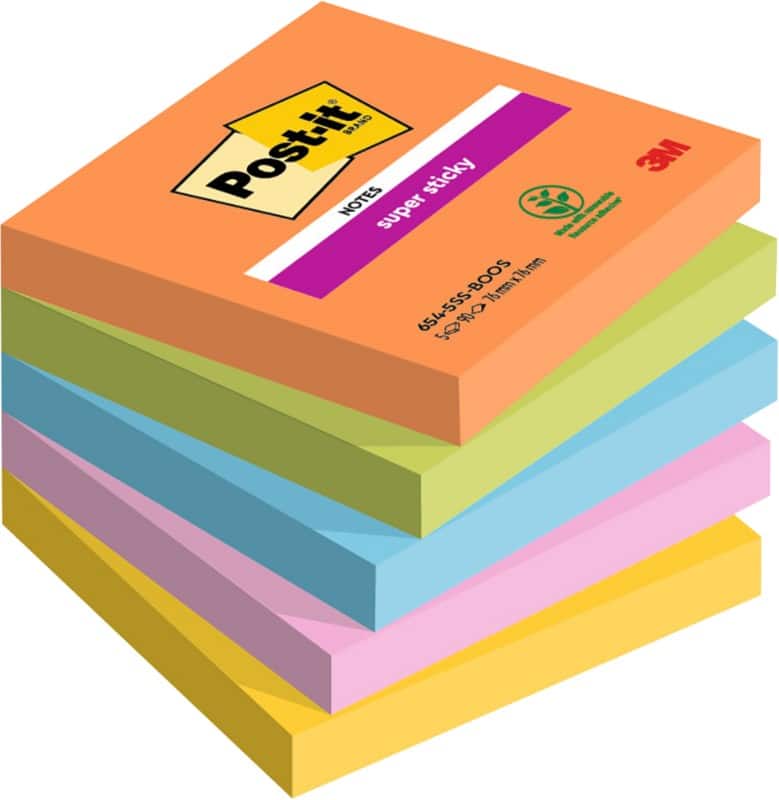 Post-it Boost Colour Collection Super Sticky Notes 76 x 76 mm Assorted 90 Sheets Pack of 5
