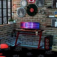 HOMCOM Gaming Desk Red Teak T-Foot 650 (W) x 1,200 (D) x 745 (H) mm Alloy Steel, Wood