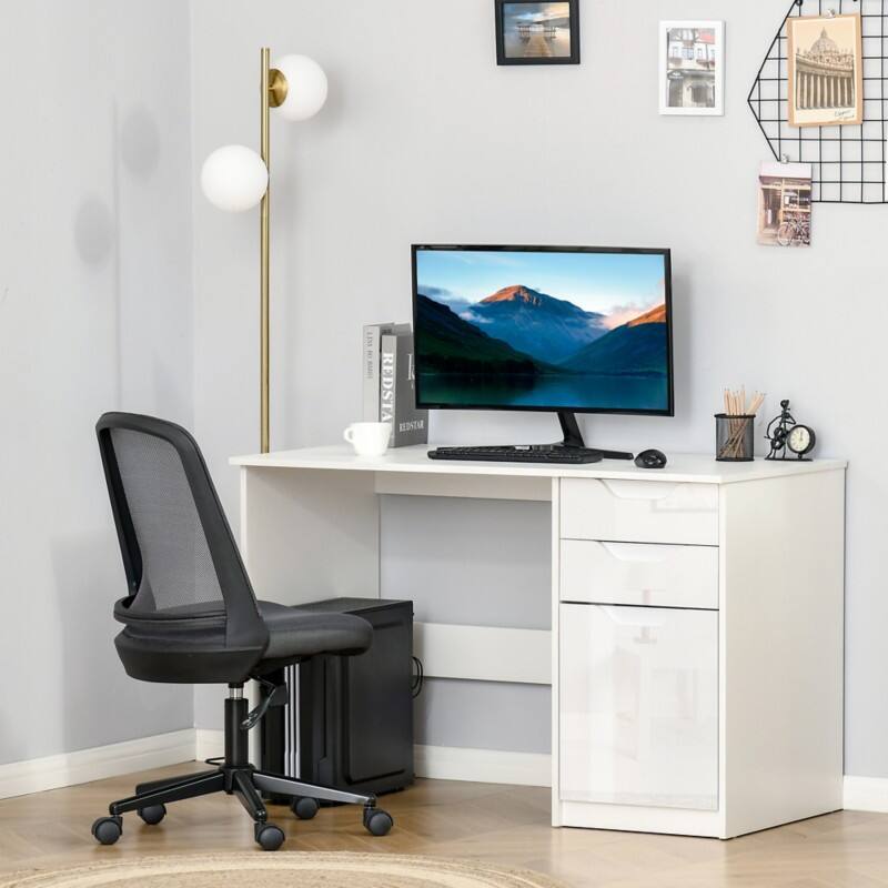 HOMCOM Computer Desk White Rubberwood 2 Drawers 1 Pedestal 600 (W) x 1,200 (D) x 760 (H) mm Particle Board