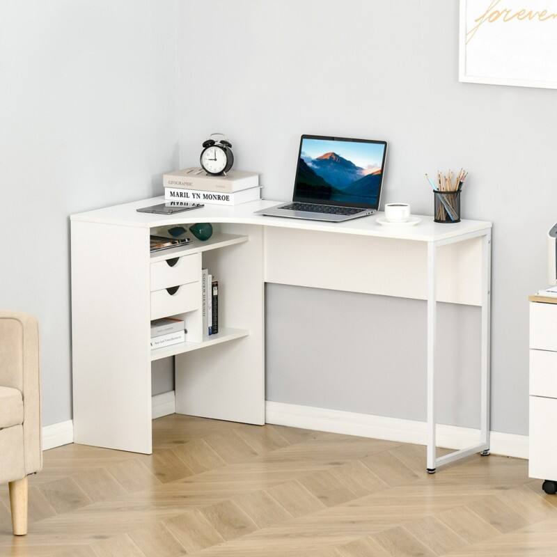HOMCOM Corner Desk L-Shape White Rubberwood 2 Drawers 1 Pedestal 600 (W) x 1,200 (D) x 740 (H) mm Particle Board, Steel
