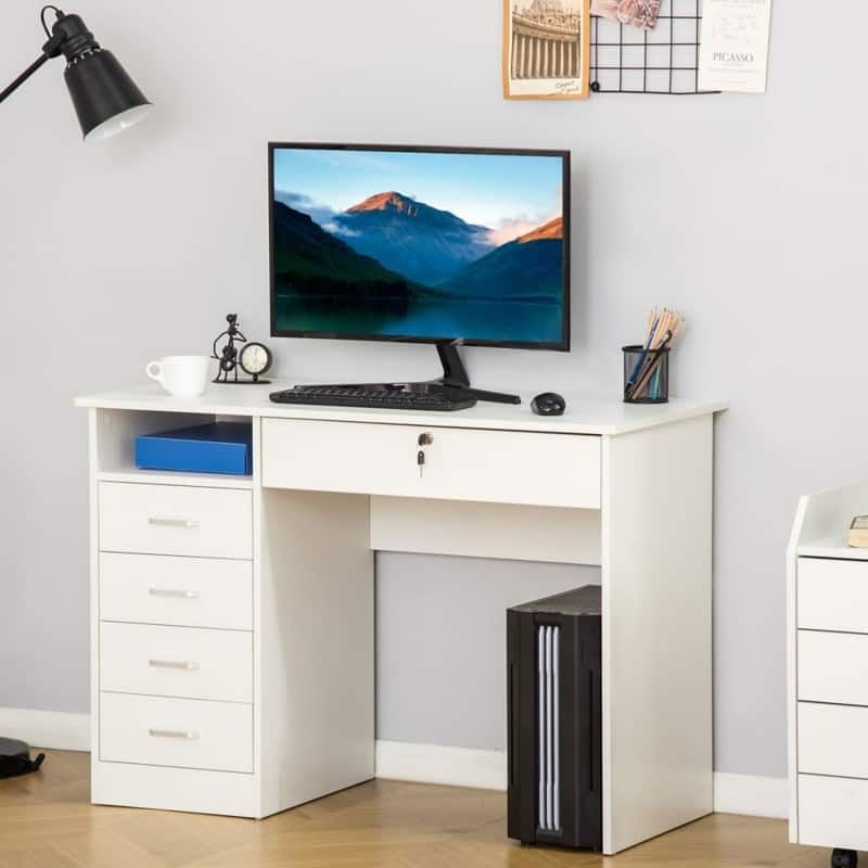 HOMCOM Computer Desk White Rubberwood 3 Drawers 1 Pedestal 500 (W) x 1,100 (D) x 760 (H) mm Particle Board