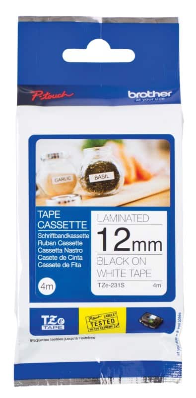 Brother TZe-231S 12mm Black on White Labelling Tape Cassette, 4M Long