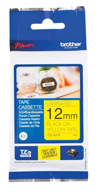 Brother TZe-631S 12mm Black on Yellow Labelling Tape Cassette, 4M Long