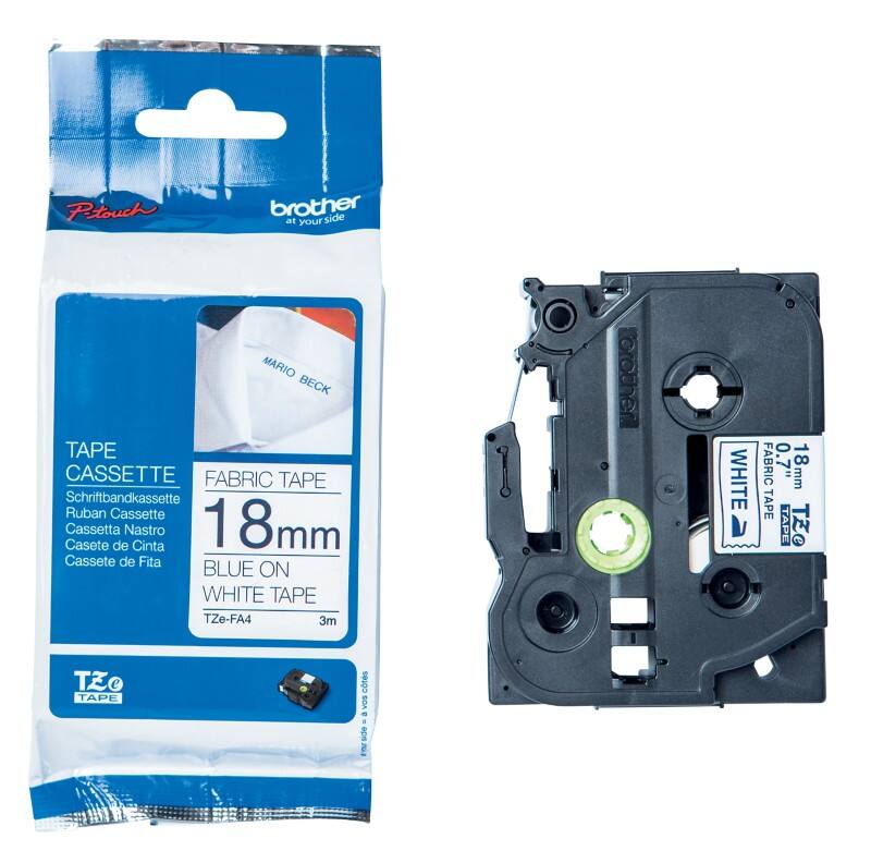 Brother TZe-FA4 18mm Blue on White Iron On Fabric Labelling Tape Cassette, 3M Long
